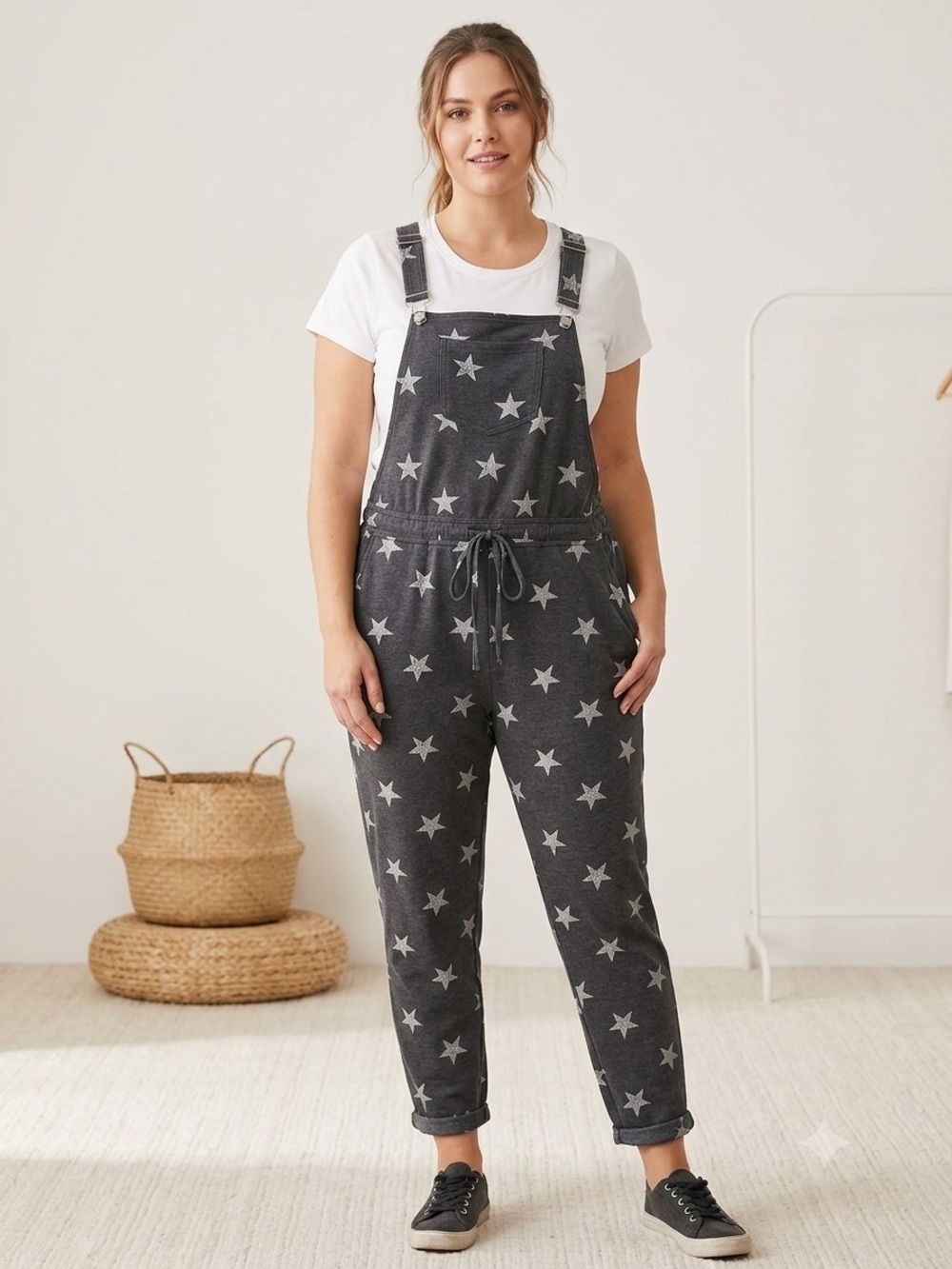 'Love' Star-Print Gray Knit Cozy Loungewear Jumpsuit Overalls Size L.  WP 44